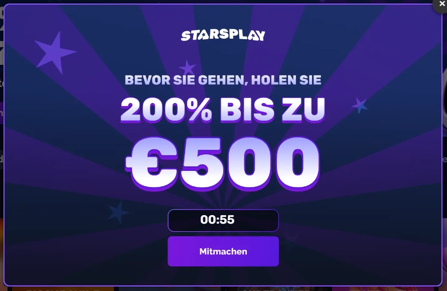 StarsPlay Casino Bonus Popup mit 200 Prozent Bonus bis zu 500 Euro und Countdown