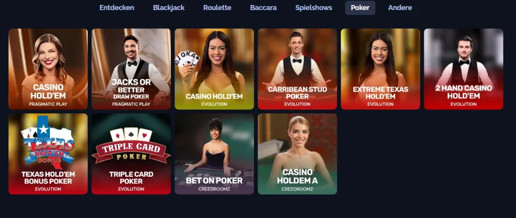 StarsPlay Casino Live Poker Spiele Auswahl mit verschiedenen Holdem Varianten