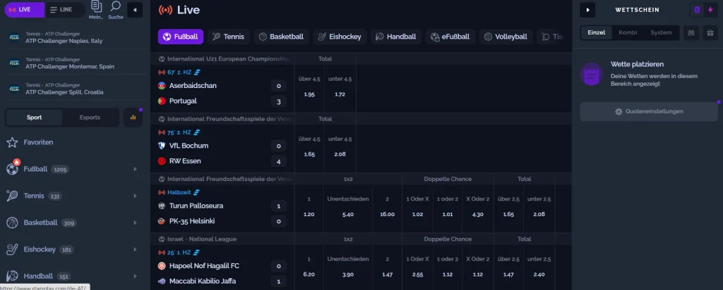 StarsPlay Casino Live Sportwetten Interface mit Fußball und Wettquoten