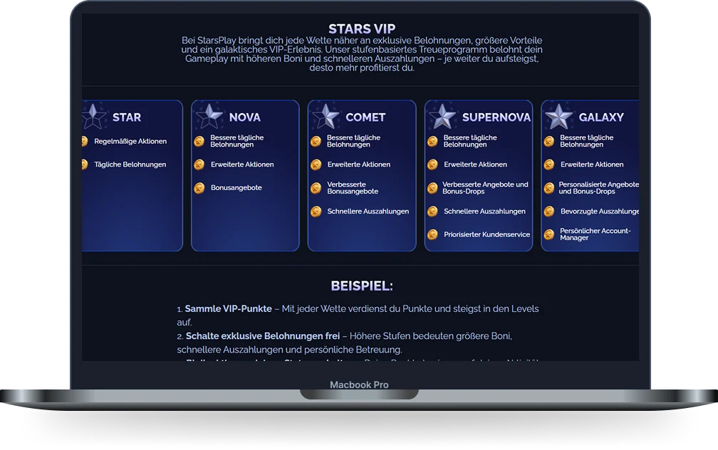 StarsPlay Casino VIP Programm mit Levels und exklusiven Belohnungen Übersicht
